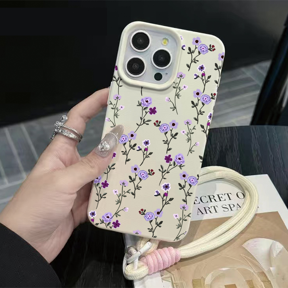 Phone Cases Leather - 薄い枝の紫色の花柄ストラップ付きロープフォンケース iPhone 17 16 15 Pro