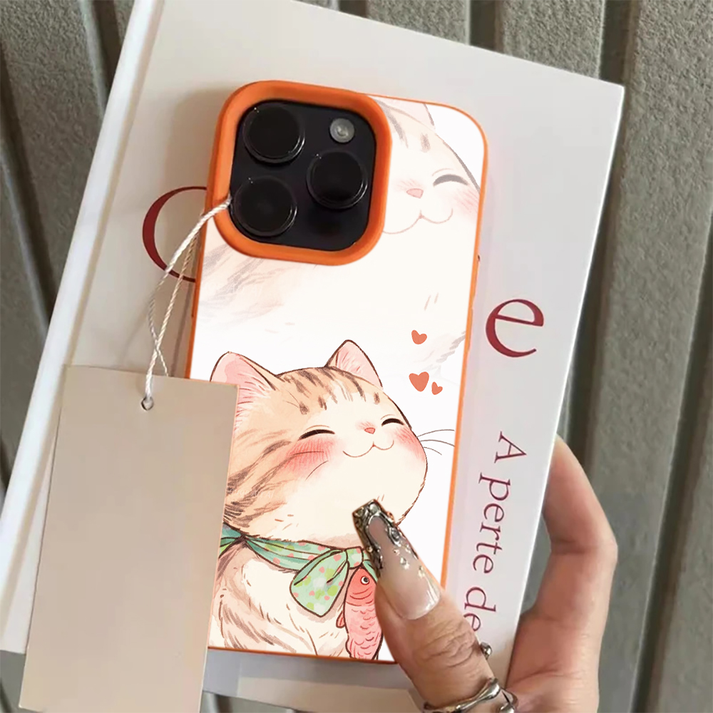 Phone Cases Orange - オレンジ猫魚ハート柄iPhoneケース iPhone 17 16 15 14