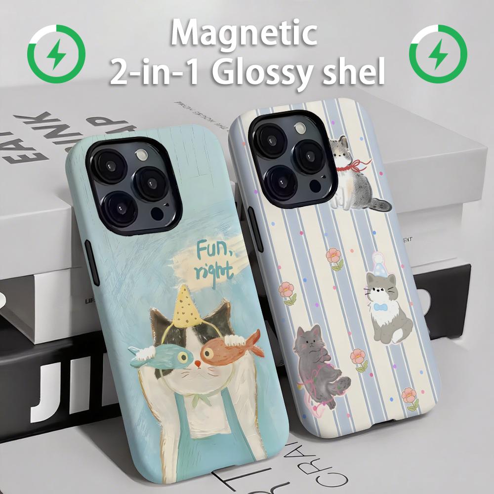 Phone Cases Iphone 16 Pro - かわいい猫と犬のスマホケース マグネット式 2-in-1 光沢シェル iPhone 16e