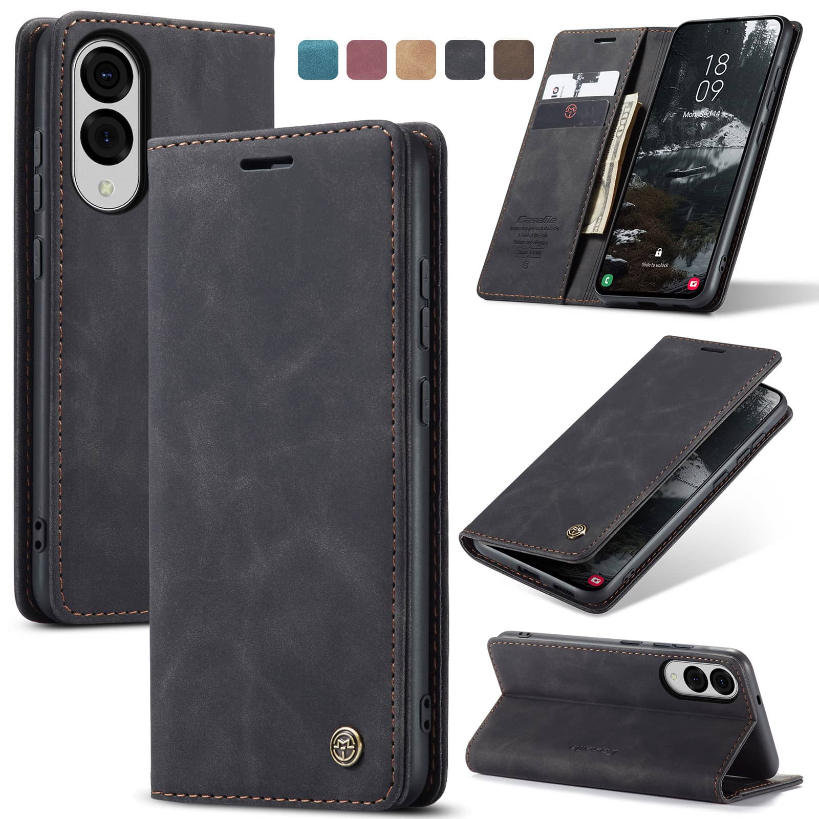 Leather Folio Wallet Case - Samsung Galaxy S25 Edge用フリップウォレットケース、カードホルダー付きレザーマグネットフォリオカバー、キックスタンド付き - TPU耐衝撃性で丈夫