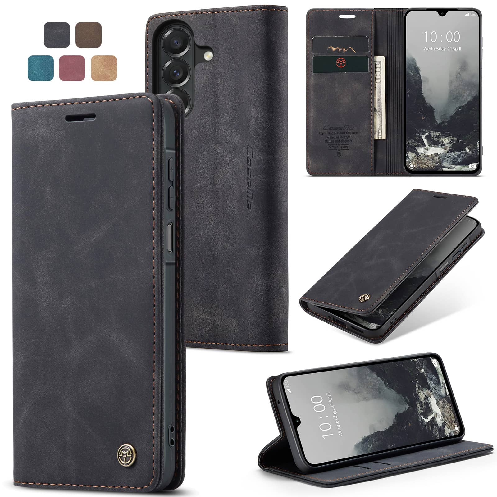 Leather Folio Wallet Case - Samsung Galaxy A27用フリップウォレットケース、レザー製マグネット式フォリオカバー（カードホルダー付き）、キックスタンド付き - TPU耐衝撃性耐久ケース