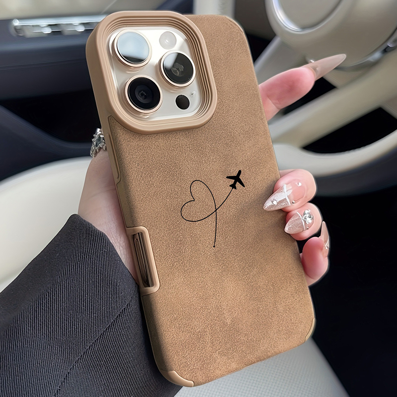 Phone Cases Leather - 飛行機ルートとハートデザインのフェイクレザー製iPhoneケース (iPhone 17、16、15、14、13、12、11 Pro Max、XS、X、XR、16、15 Plus、17
