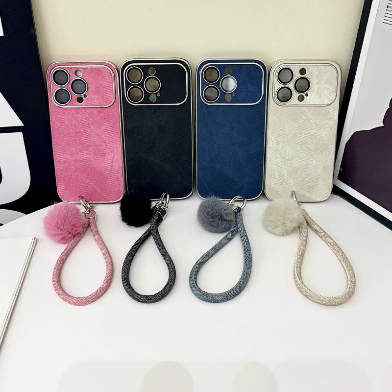 Phone Cases Leather - マットソフトTPUデニムテクスチャPUレザーぬいぐるみ付きランヤードフォンケース iPhone 17 Pro Max 15