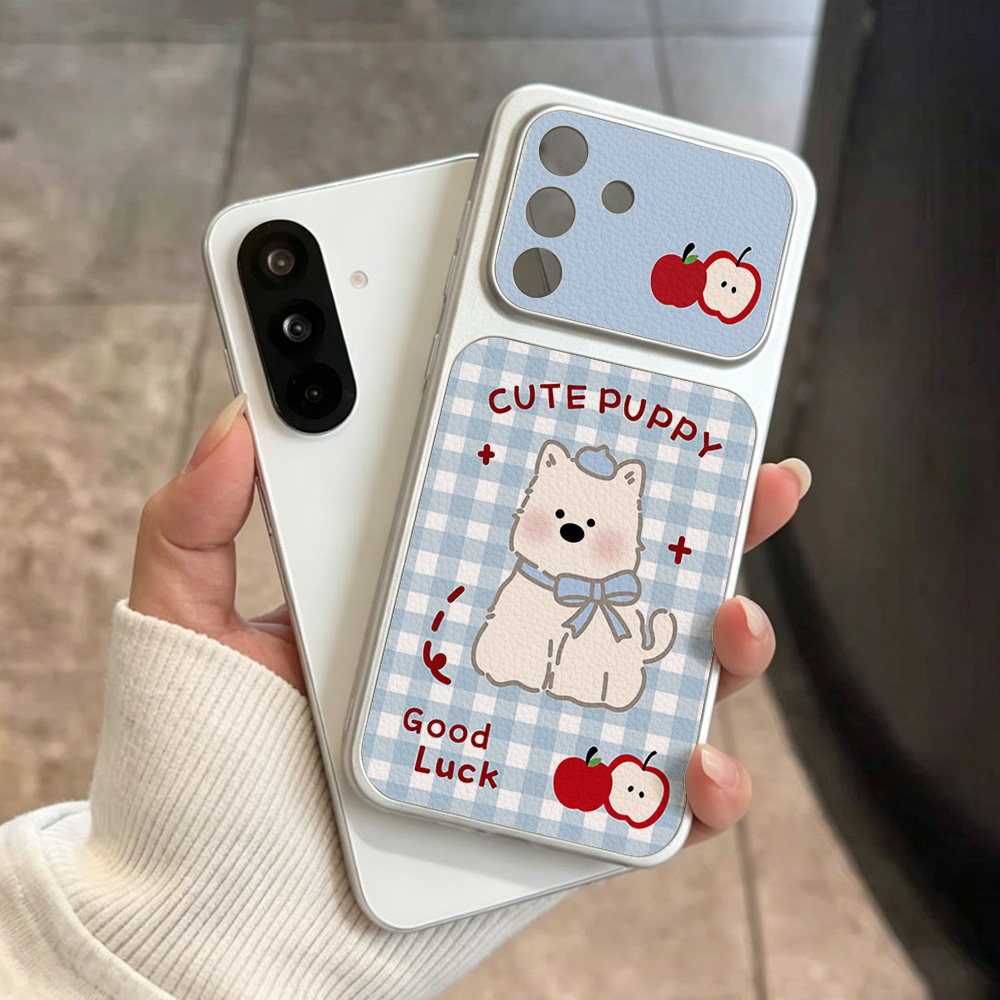 青い格子柄の子犬柄スマホケース Samsung A57 A2 - Phone Cases Leather のレビューと価格