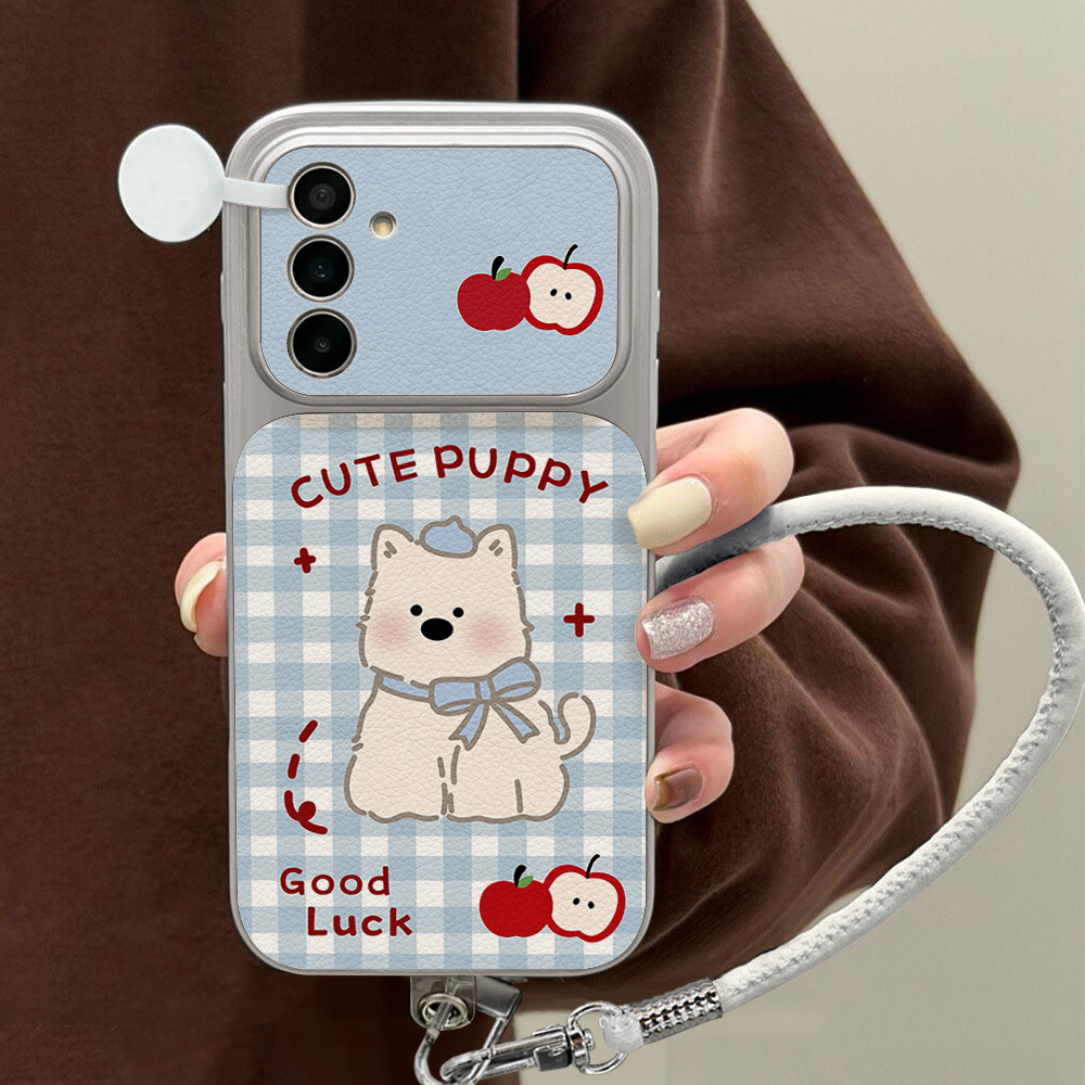 青い格子柄の子犬柄スマホケース Samsung A57 A2 - Phone Cases Leather のレビューと価格