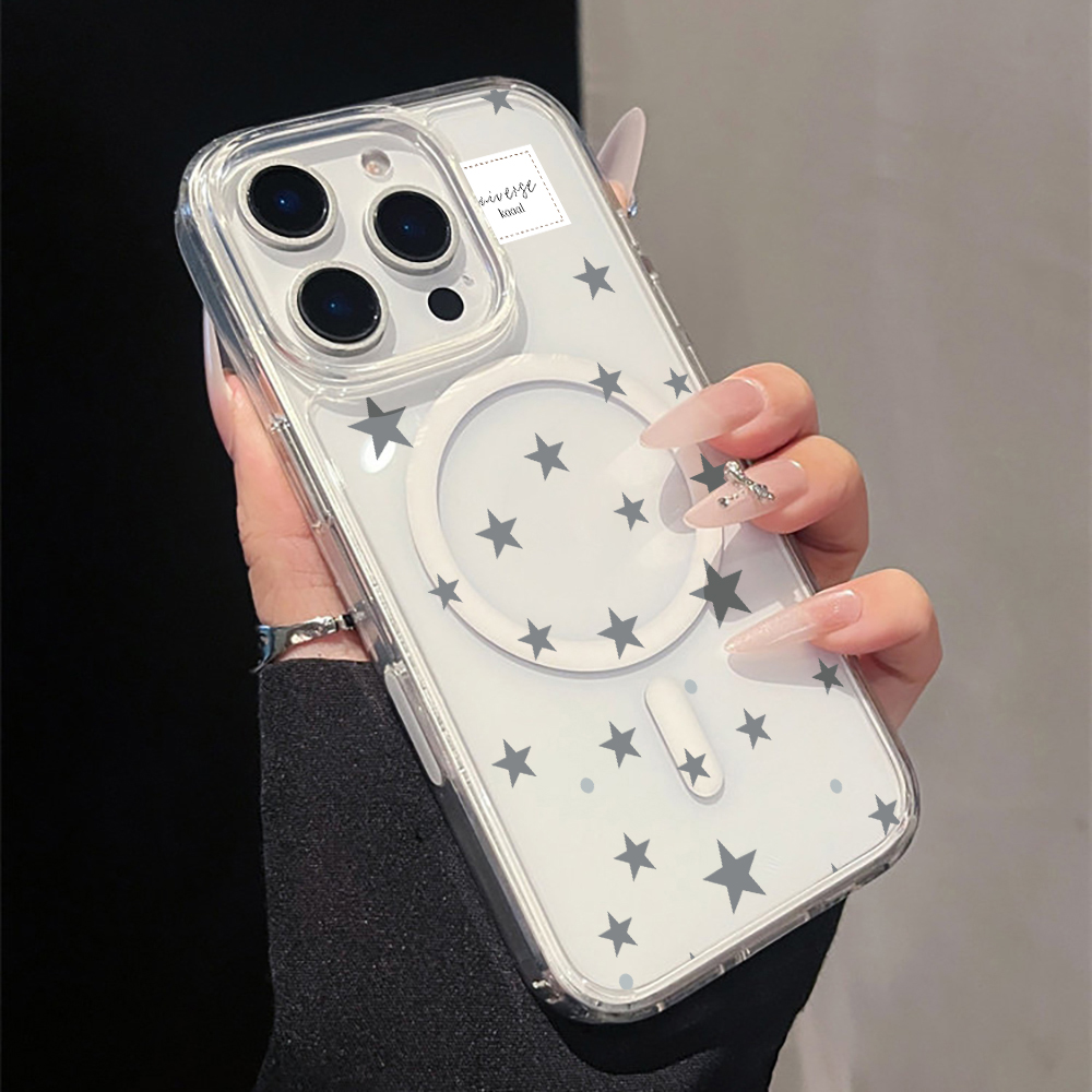 グレーの星柄プリント マグネット式クリアスマホケース iPh - Phone Cases Magnetic のレビューと価格